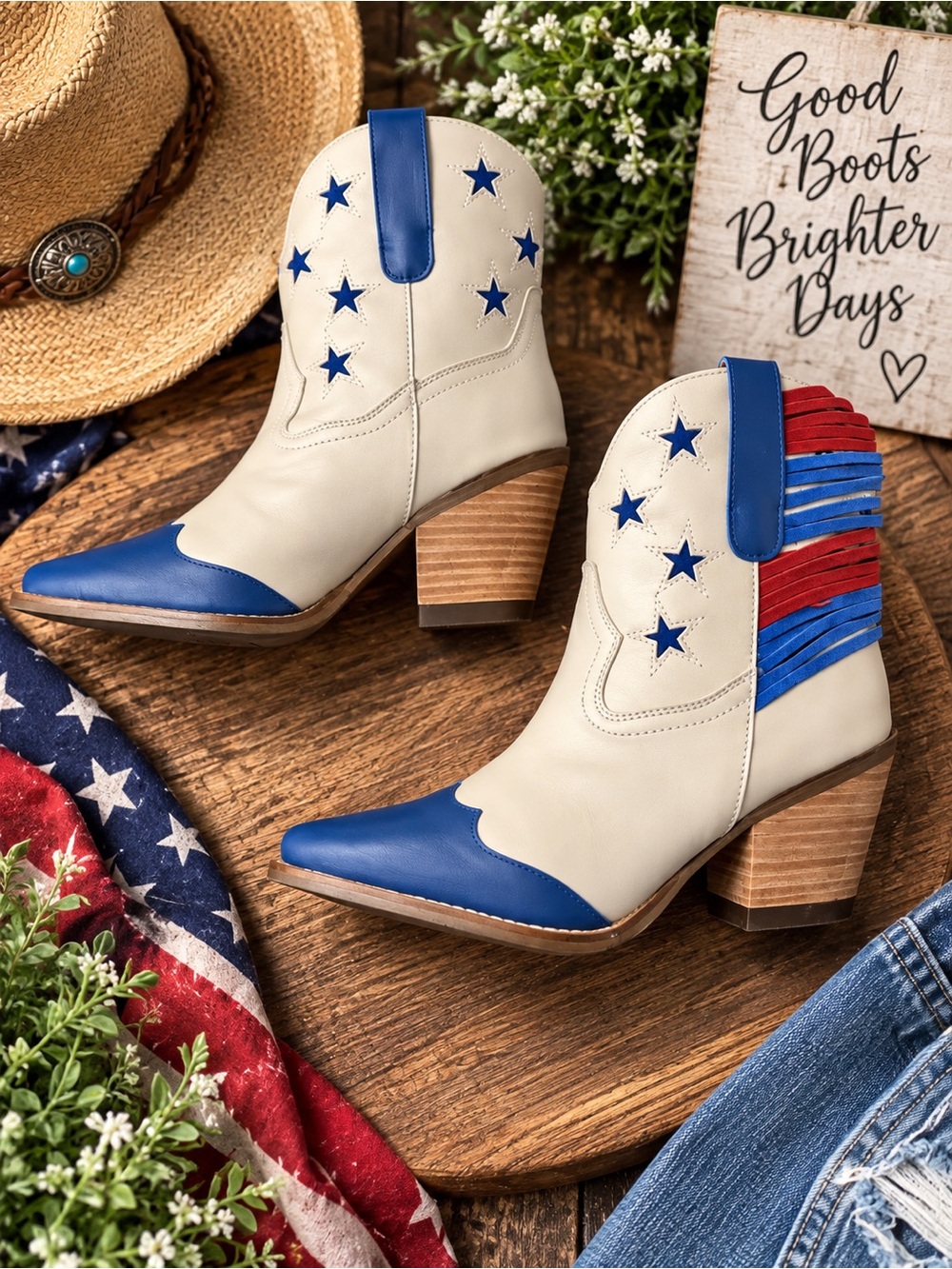 Dingo Patriotic Western Ankle Boots Red White & Blue Stars Fringe